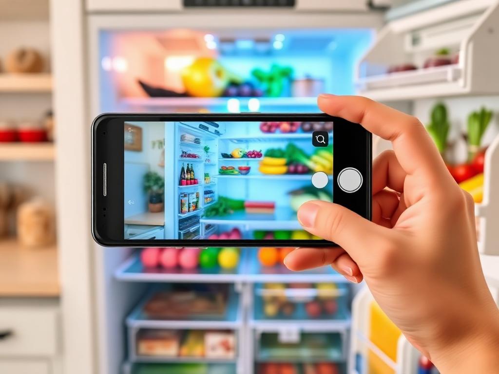 A phone photographing an open fridge full of food