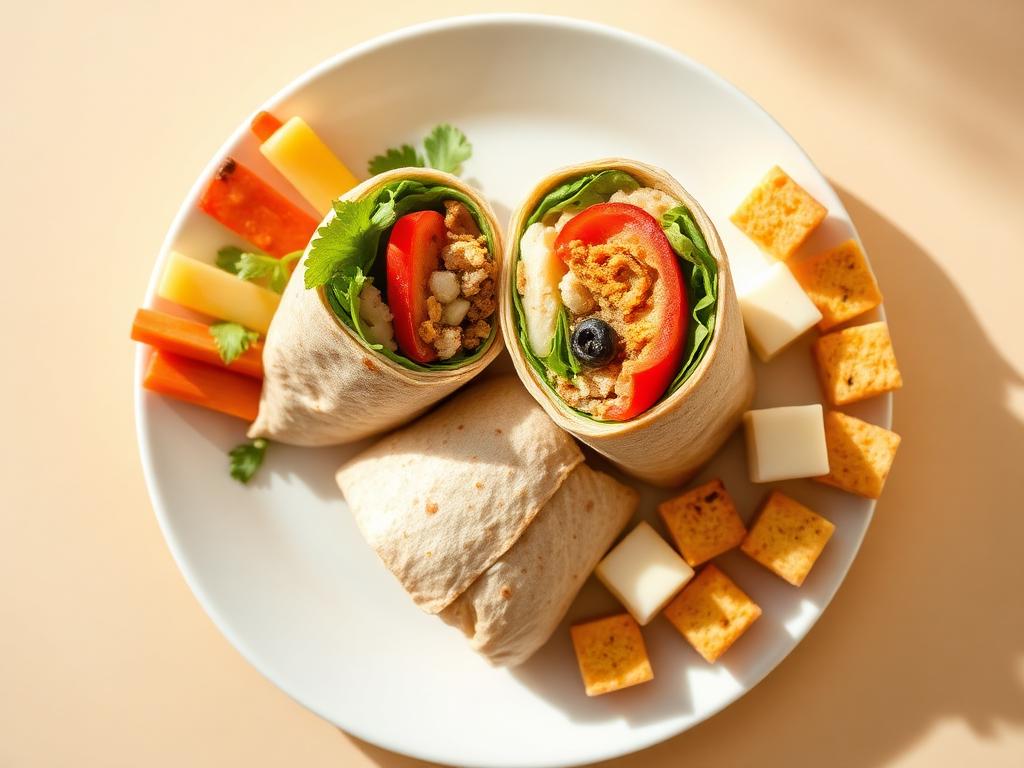 A plate of wraps, veggie sticks and cheese bites